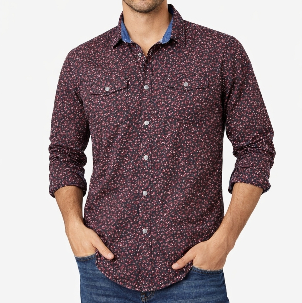 Moonshine Spirit Pearl Snap Shirt Black and Red Micro Floral Size XL